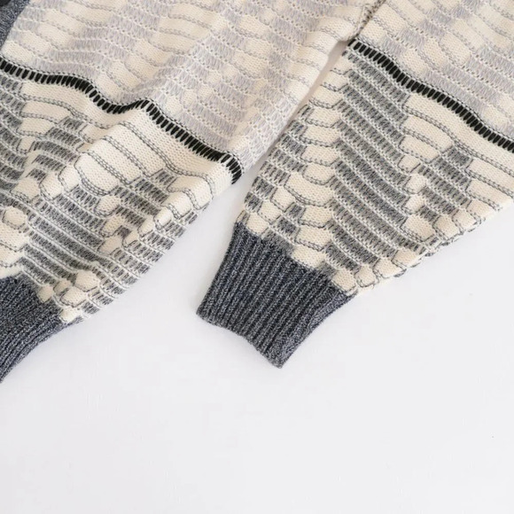 Vintage '90s Sears Wool Blend Cream and Grey Eclectic Grandpa Cardigan Sweater M - Picture 10 of 11